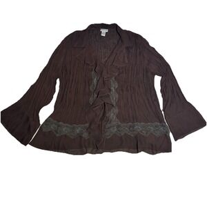Amanda Lane Vintage XXL 20W Ruffle‎ Crinkle Brown Blouse Whimsygoth Fairy Y2K